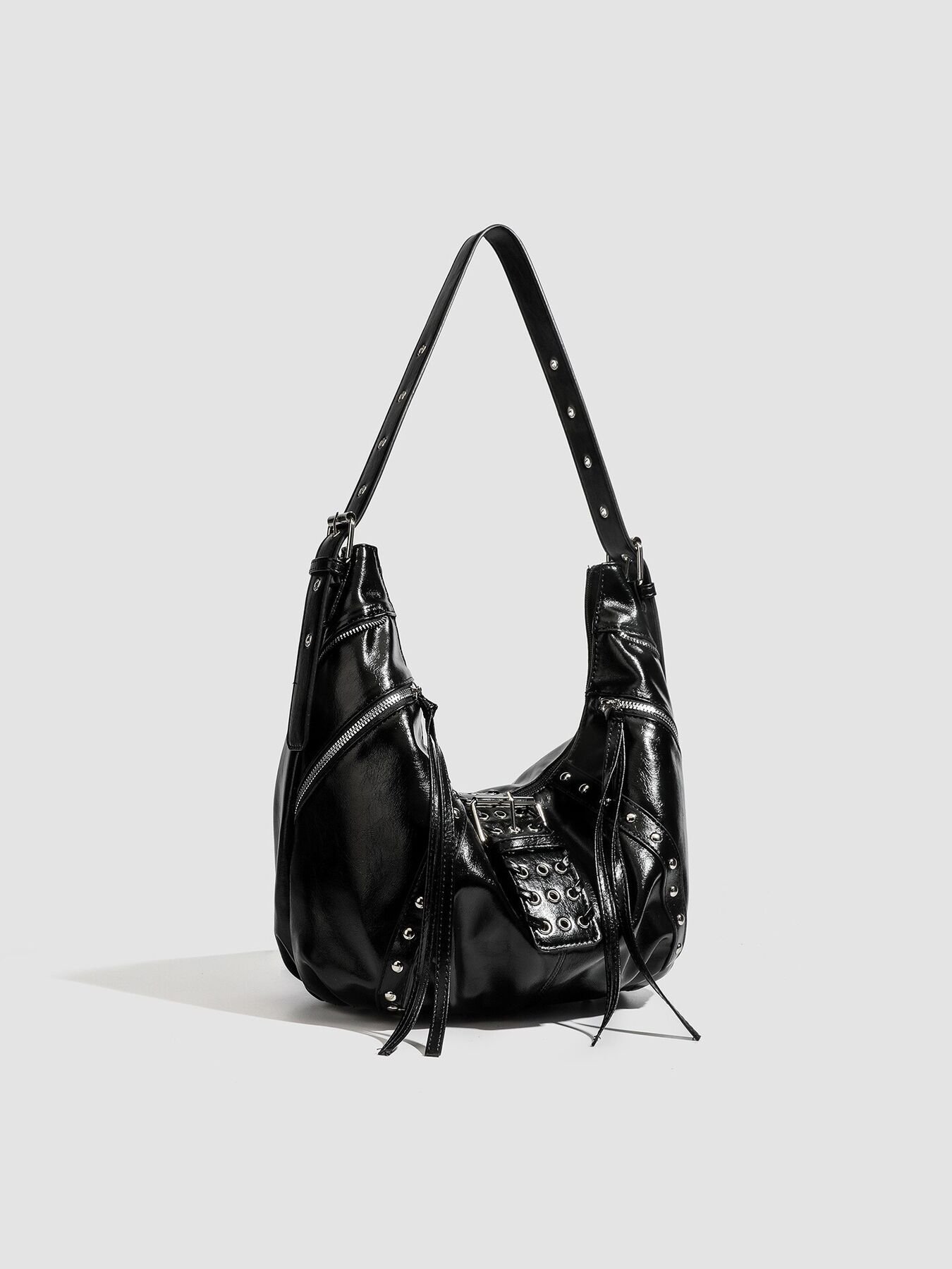 Studded Patent Leather Hobo Black Color Shoulder Bag