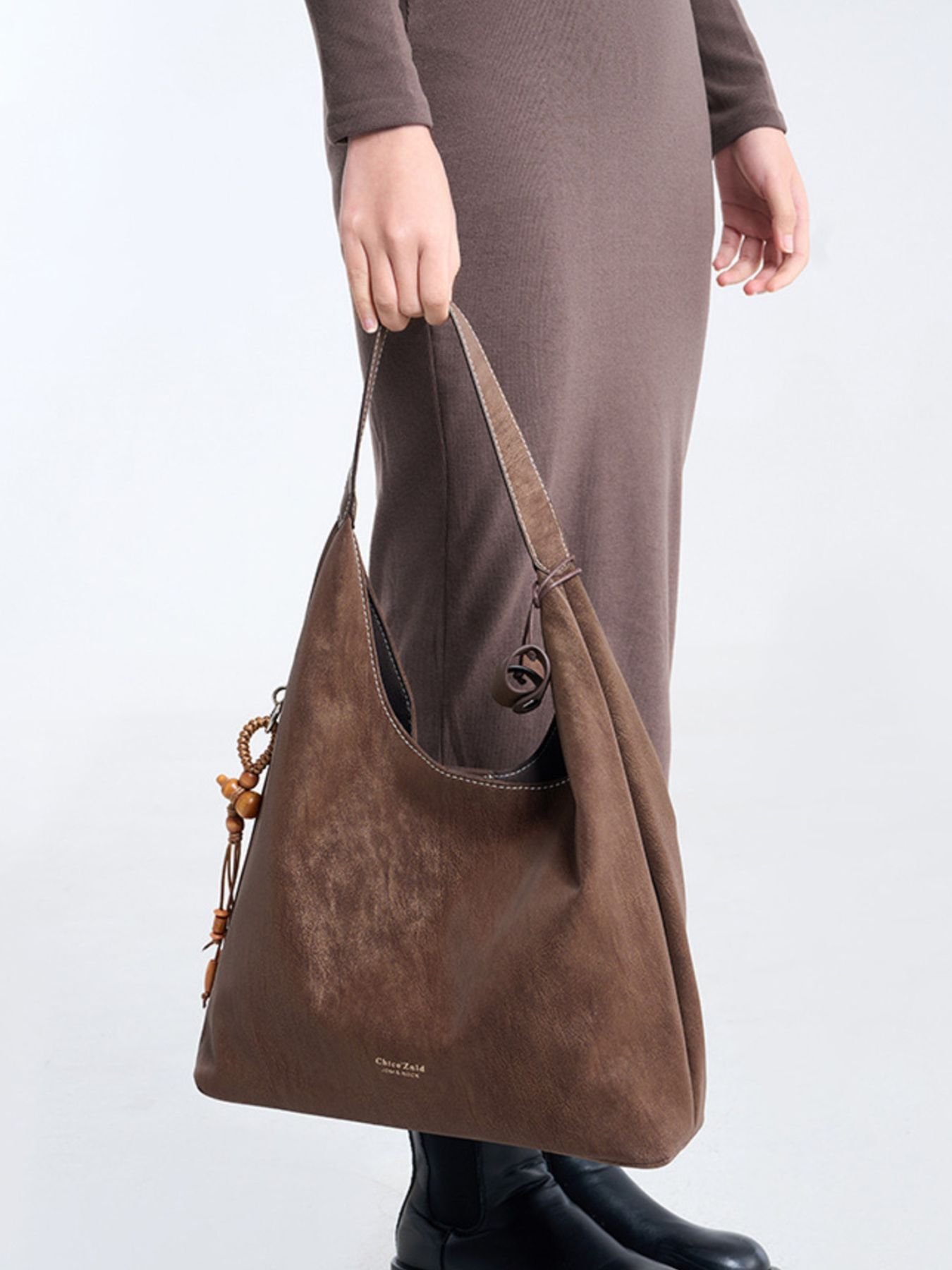 Suede Hobo Brown Color Shoulder Bag with Decorative Tassel